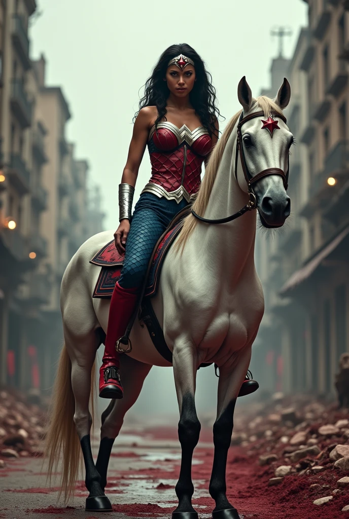 A beautiful woman Adriana Lima under the mantle of the Amazon warrior Wonder Woman red corset and navy blue pants with scales diaema in silver metal with a red star on her forehead long red boots up to her knees is a beautiful woman (((((is on a white horse with black))))) through the streets of an apocalyptic and bloody city images from the side