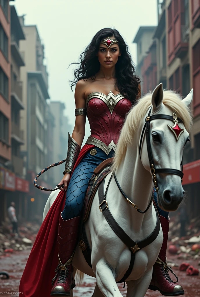 A beautiful woman Adriana Lima under the mantle of the Amazon warrior Wonder Woman red corset and navy blue pants with scales diaema in silver metal with a red star on her forehead long red boots up to her knees is a beautiful woman (((((is on a white horse with black))))) through the streets of an apocalyptic and bloody city images from the side