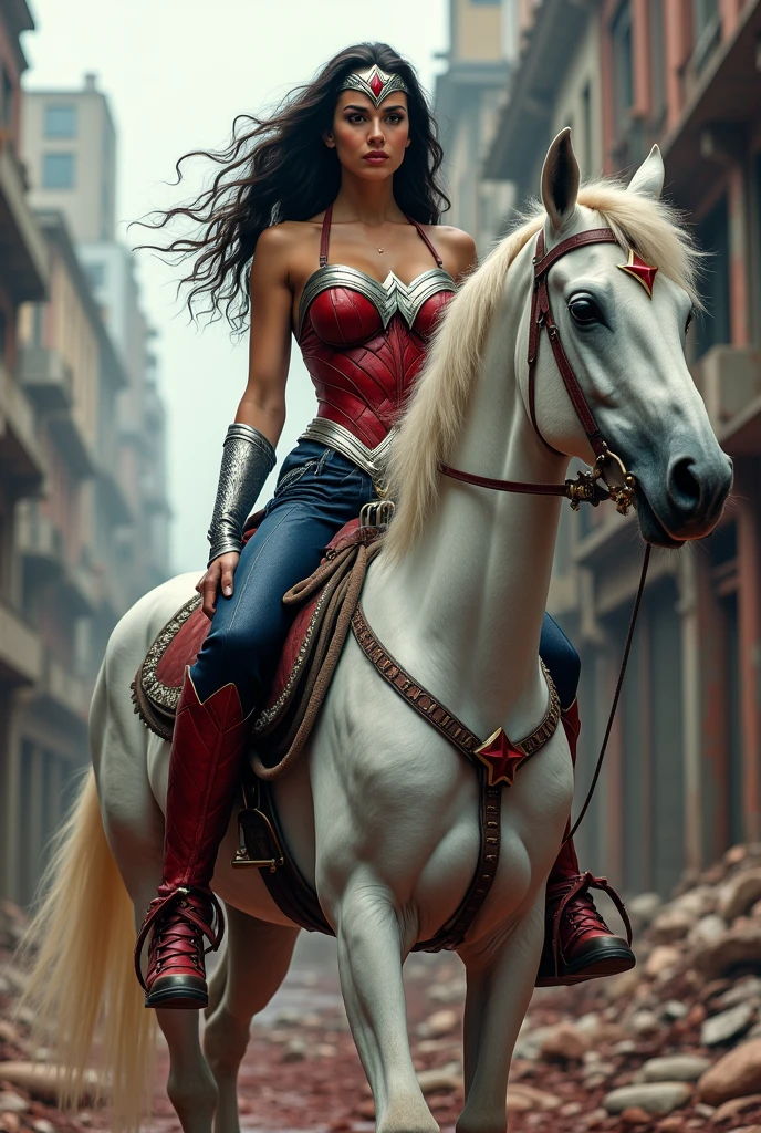 A beautiful woman Adriana Lima under the mantle of the Amazon warrior Wonder Woman red corset and navy blue pants with scales diaema in silver metal with a red star on her forehead long red boots up to her knees is a beautiful woman (((((is on a white horse with black))))) through the streets of an apocalyptic and bloody city images from the side