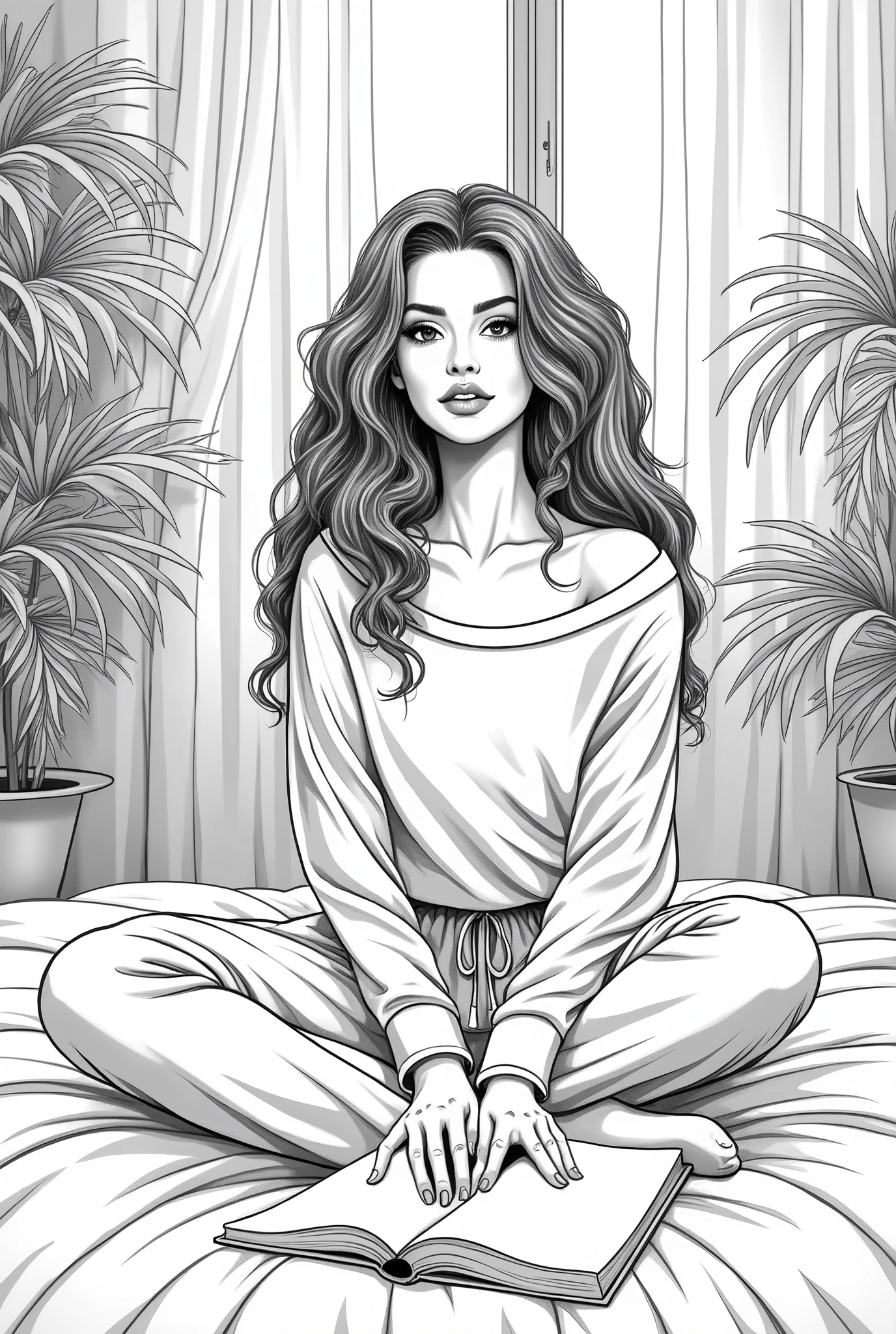 (photorealism:1.2), beautiful woman, sitting on bed, wearing loose off-shoulder top, pajama pants, long curly hair, indoors, soft lighting, plants in background, window with sunlight, cozy room, relaxed pose, realistic, intricate details, coloring book, thick lines, black and white image