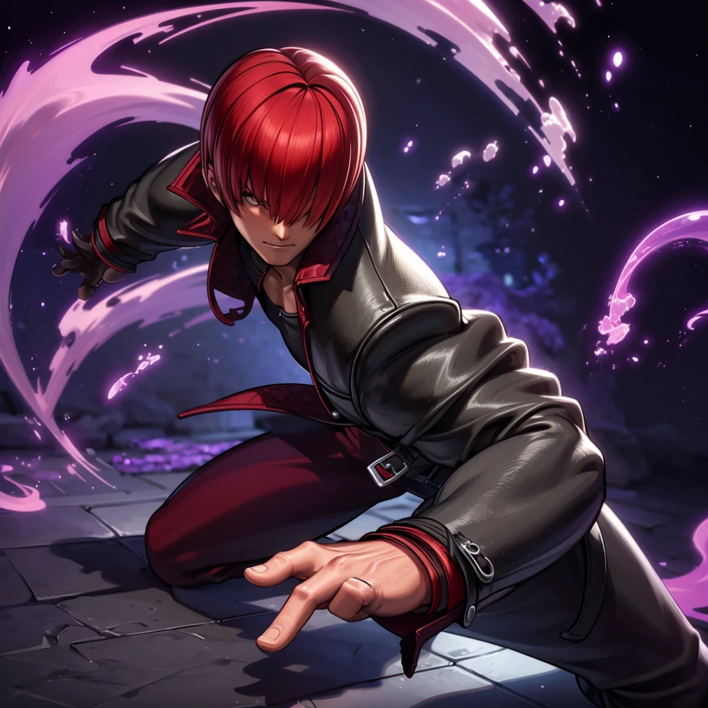 30-year-old man, alone, alone, athletic, muscular, serious look looking at the viewer, redhead, wears a trench coat, black shirt, wine-colored pants, video game character, The King of Fighters, Iori Yagami, blue fire, cinematic, ultra-sharp focus , award-winning photography, perfect contrast, High sharpness, depth of field, ultra-detailed photography, global illumination, fluid, ultra-high definition, 8k, Unreal Engine 5, ultra-sharp focus, award-winning photography, art station trends