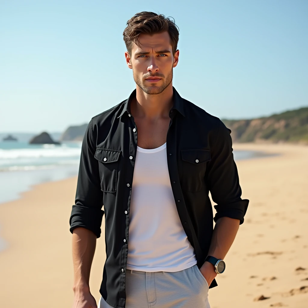 A white man, aged 36, model type, with short dark hair, with blue eyes, wearing a white shirt underneath a black shirt, boxers, tennis, on a beach in Alentejo