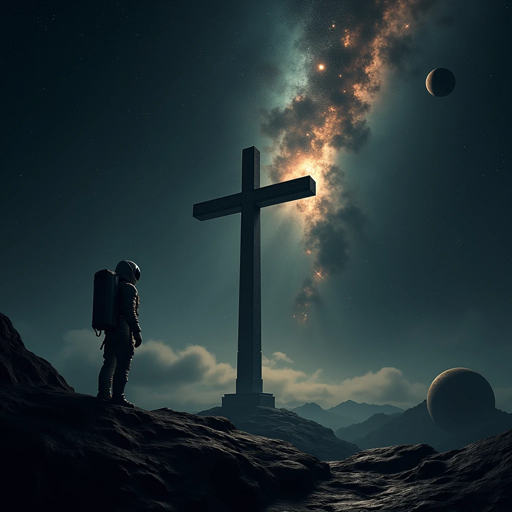 The Cross , in outer space , planets , Stars and an Austronaut