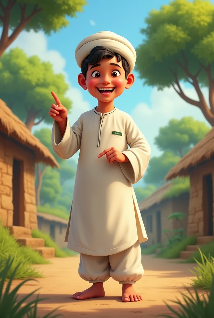 A 15-1 boy wearing a white colored Punjabi prayer pajama and hat is pointing with his fingers to the ground and smiling, with a hut with trees behind.