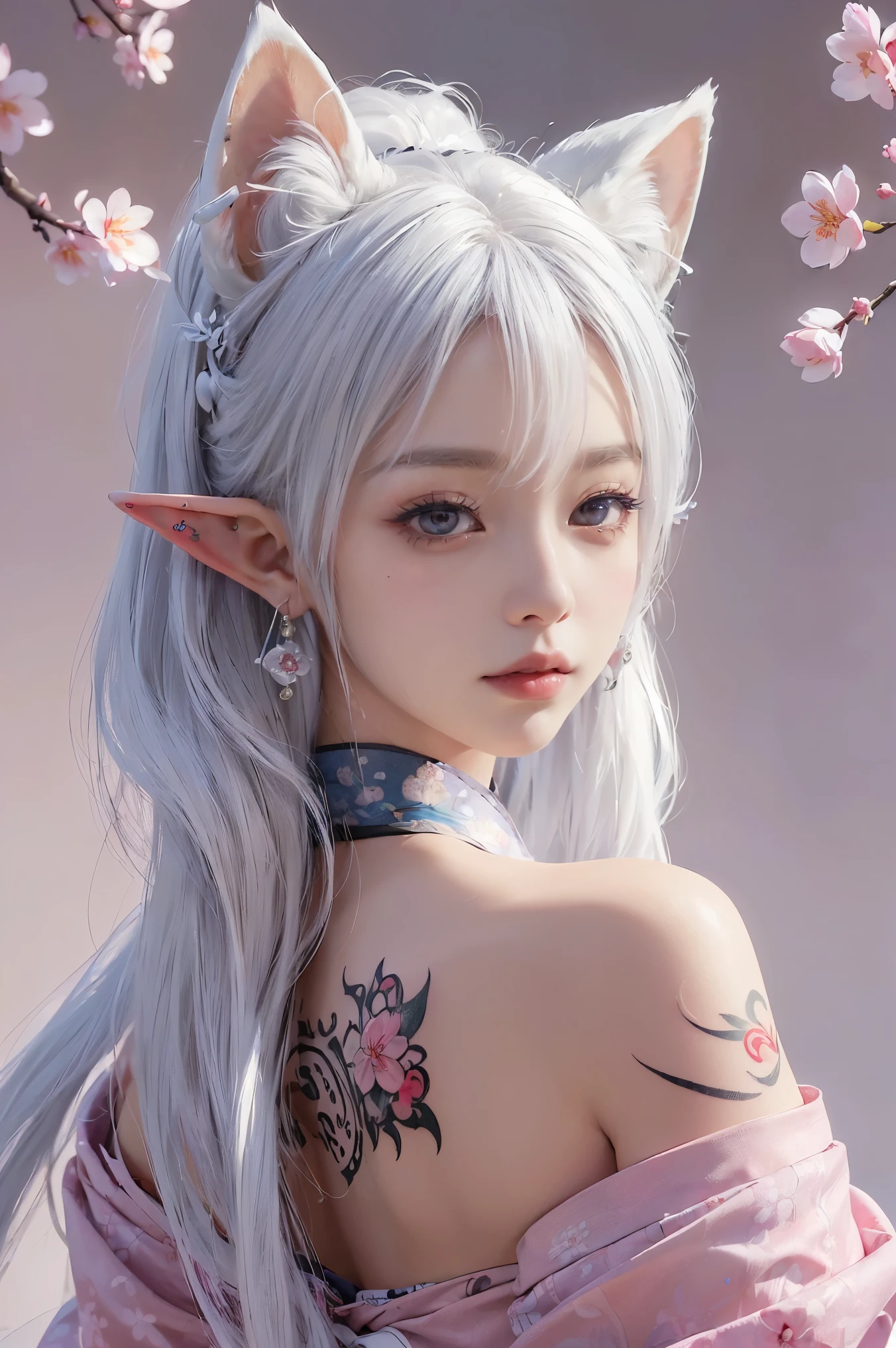 (Absurdly , high quality , Very detailed,Nine-tailed fox looking at photographer、9 tails)、(((White Hair、White fox ears and elf ears)))、A gorgeous Japanese kimono in a variety of colors, beautifully detailed with intricate patterns and traditional designs.、((hair ornaments、Earrings、((Tattoo))、(masterpiece, 最high quality, 最high quality, Official Art, Beauty and aesthetics: 1.2), (One person: 1.3)、Cherry blossom background、Frontal bust shot