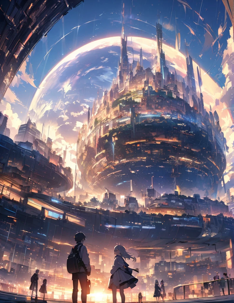 (anime)、(masterpiece:1.2),Atmospheric perspective,Lens flare、Ultra-wide background focused on、Future City、Standing on the roof、cute、another world