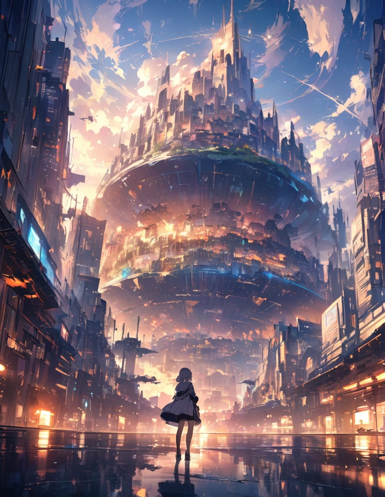 (anime)、(masterpiece:1.2),Atmospheric perspective,Lens flare、Ultra-wide background focused on、Future City、Standing on the roof、cute、another world