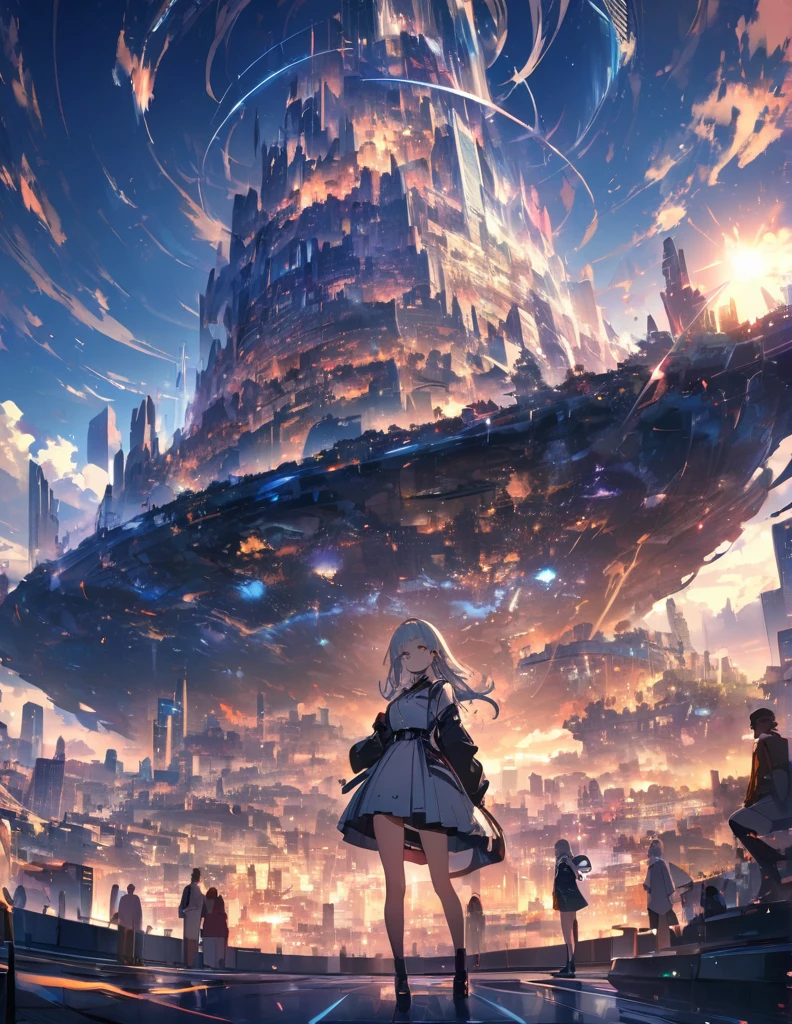 (anime)、(masterpiece:1.2),Atmospheric perspective,Lens flare、Ultra-wide background focused on、Future City、Standing on the roof、cute、another world