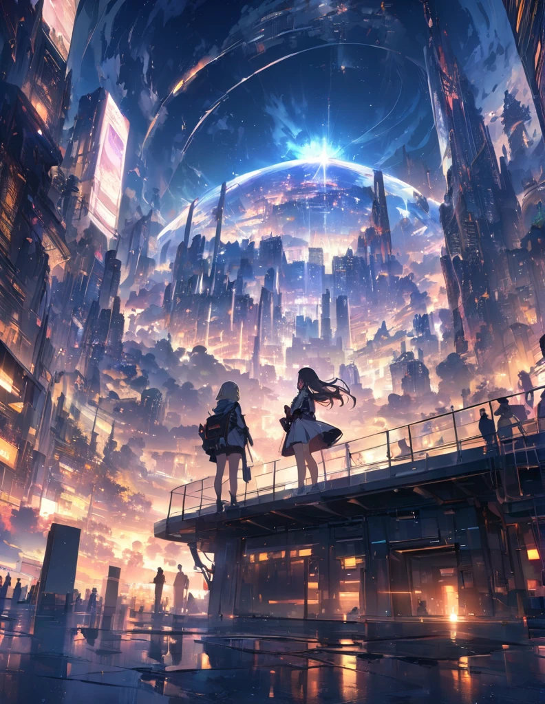 (anime)、(masterpiece:1.2),Atmospheric perspective,Lens flare、Ultra-wide background focused on、Future City、Standing on the roof、cute、another world