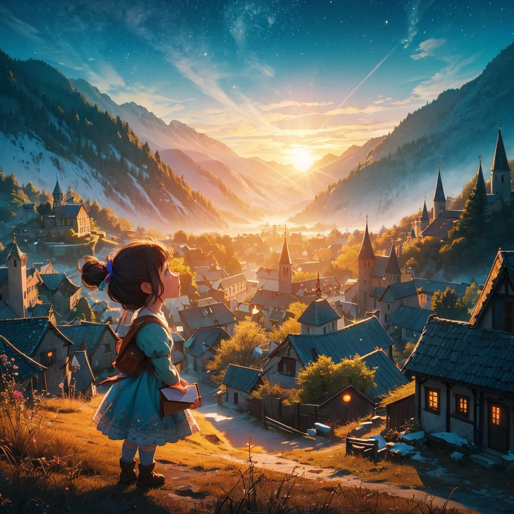 Best quality, fairytale book, In a small village, as the sun dipped below the hills, a looked up at the sky, her heart full of wonder.