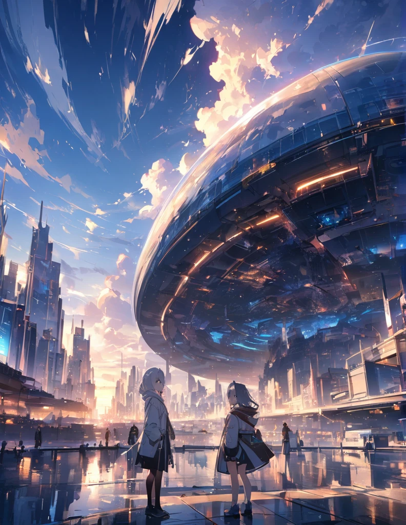 (anime)、(masterpiece:1.2),Atmospheric perspective,Lens flare、Ultra-wide background focused on、Future City、Standing on the roof、cute、another world