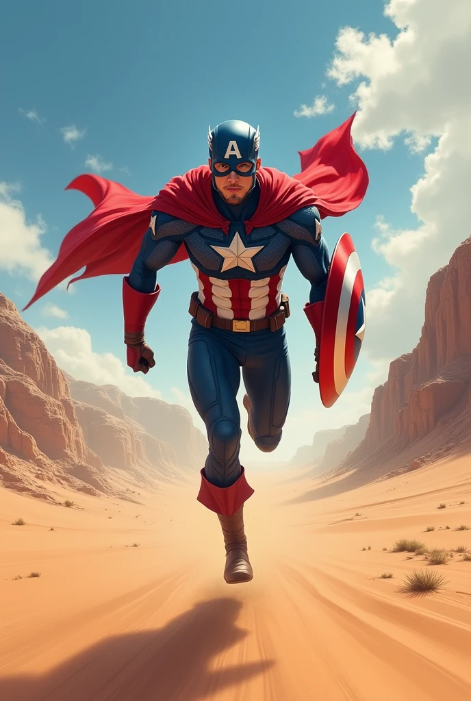 Captain America flying in dessert