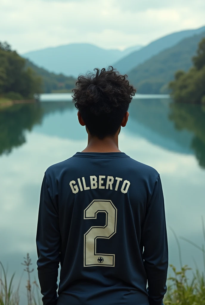 Better quality photography ((masterpiece))
A 20-year-old young man with his back turned is looking at a lake, The young man is facing away and on his back is the name Gilberto with the number 2 below his long-sleeved soccer shirt. He has slightly long, curly black hair. Epic reality.