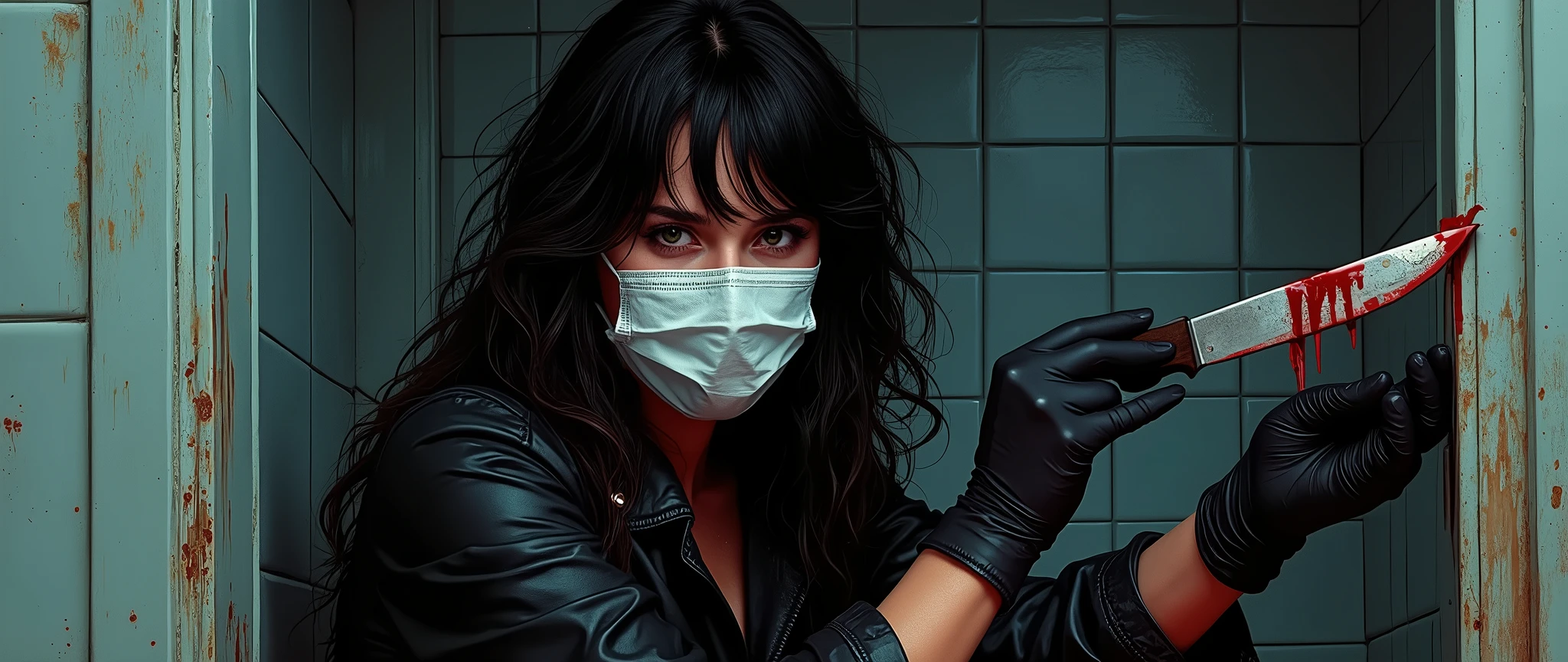 masterpiece, best quality, ultra detailed, disheveled hair, illustration, high saturation, colorful splashes, Italian girl, black gloves, surgical mask, holding knife, stabbing, blood, dark room , black raincoat, holding knife, behind , blood splatter, victim in bondage, gagged, blindfolded, long bangs, bathroom, tiled walls,, black wet suit, night, serial murderer, killer, dark atmosphere, Giallo film, Dario Argento, David Lynch, cinematic lighting, atmospheric realistic, Fumetti book aesthetic, 70's Euro-horror comic book vibe, lurid vivd colors, HD, 8x