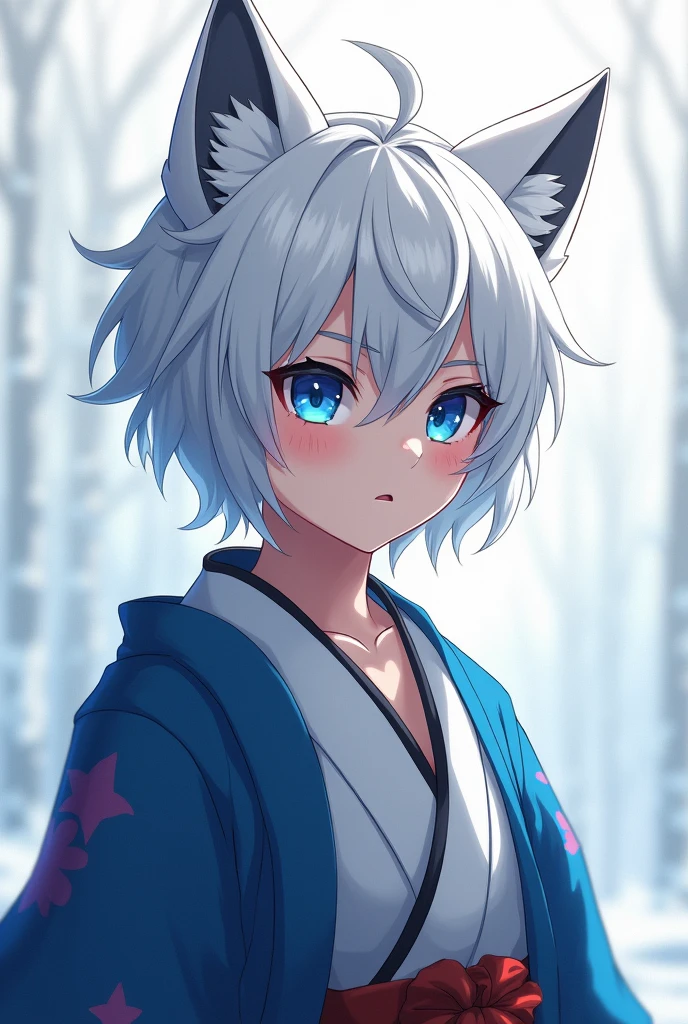 In anime style、weak々I&#39;m wearing a kimono。my hair is white、Blue eyes、1 person、Wolf personification、male、child、short hair。male児、Sharp eyes