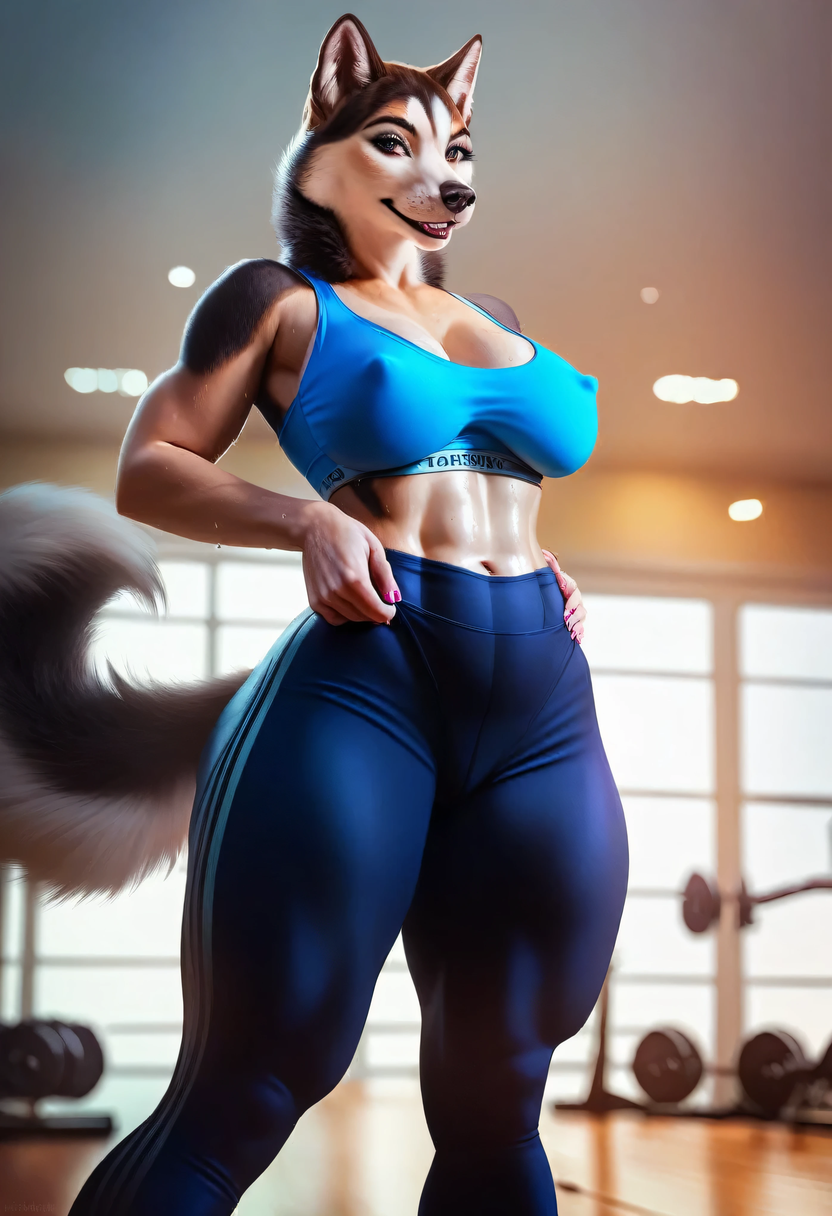 score_9, score_8_up, score_7_up, score_6_up, score_5_up, score_4_up, source_furry, realistic, photorealistic, e621, mature female anthro husky dog, MILF, posing in a gym, looking at viewer, seductive, beautiful detailed eyes, (wearing a sports bra and yoga pants), nipple outline, detailed fur, voluptuous, hourglass figure, large breasts, sweating, thick thighs, cinematic lighting, professional lighting
