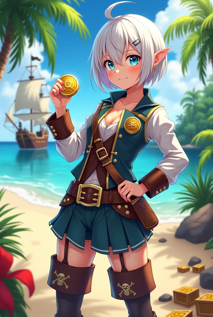 anime style, young adult woman, with blue right eye and green left eye, short white hair. Dressed as a pirate. He has a gold doubloon in his hand. It&#39;s on an island. There is a pirate treasure on the ground. in the background there is a pirate ship. during the day.