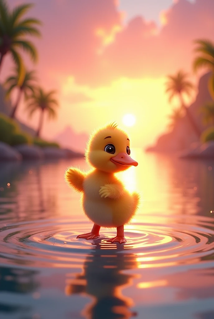 Cute duckling dancing in the lake, Beautiful sea, Sunset in pink tones , Against the backdrop of an island with palm trees