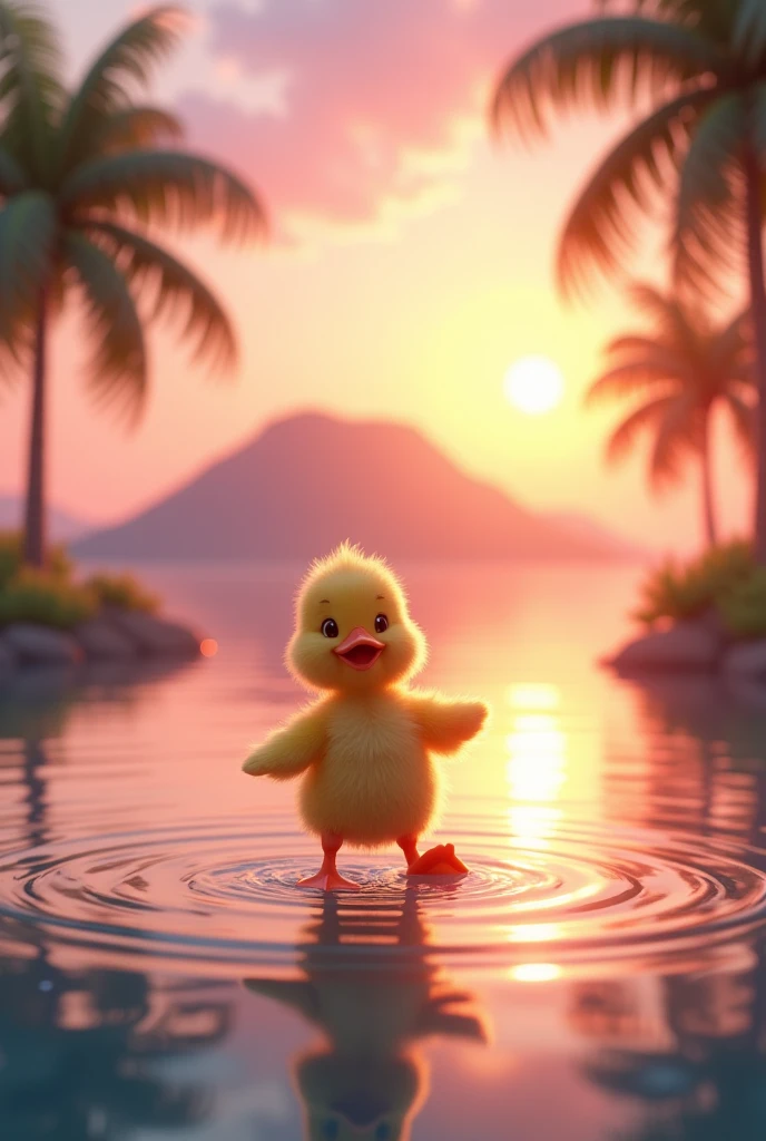 Cute duckling dancing in the lake, Beautiful sea, Sunset in pink tones , Against the backdrop of an island with palm trees