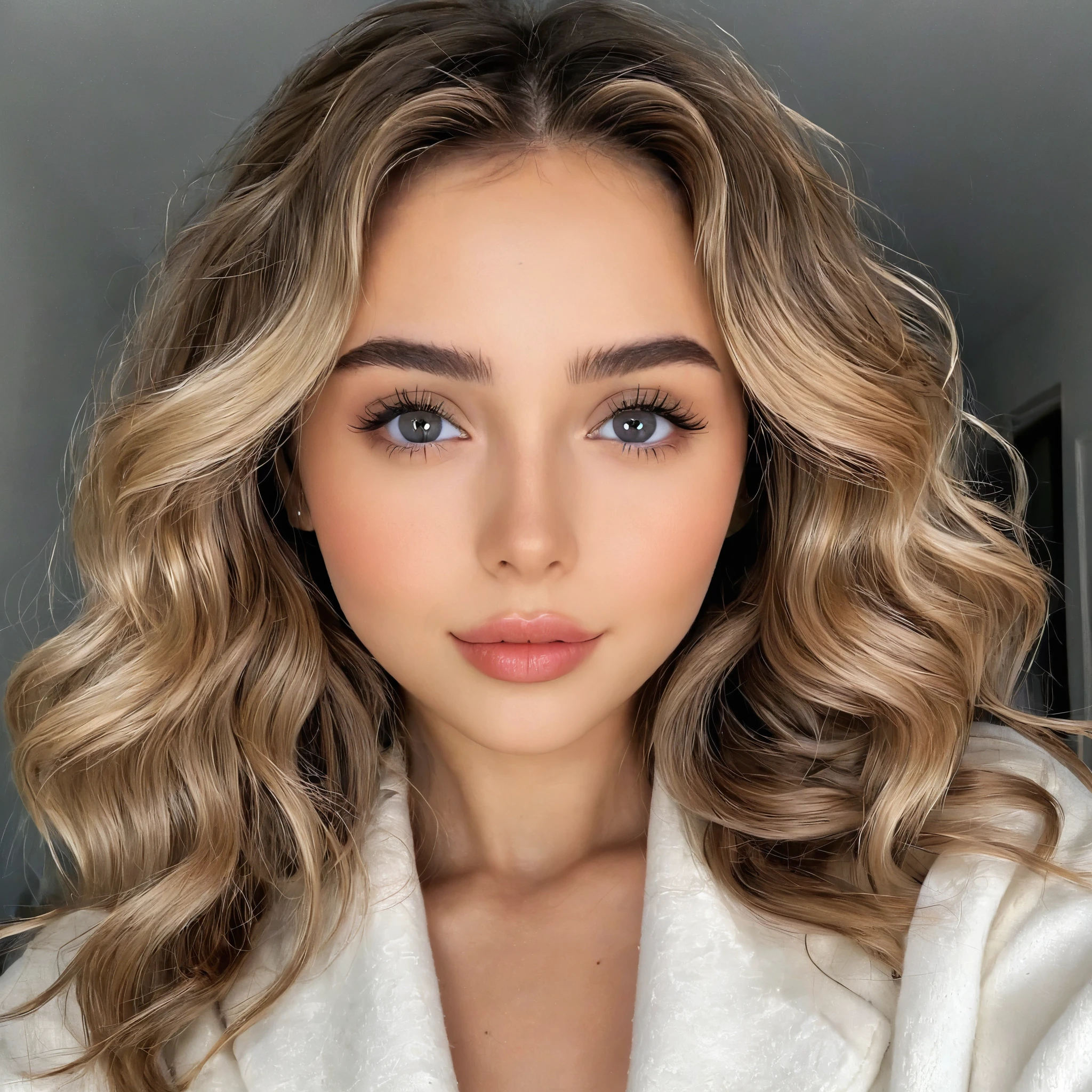 Create a front-facing portrait of a stunning young female influencer. She is in her early 20s with a radiant and flawless complexion. Her face is symmetrically beautiful with large, expressive eyes that captivate the viewer. Her hair is styled in soft waves that frame her face perfectly. She has full, well-defined lips with a natural, inviting smile. Her expression exudes confidence and warmth. Her body is also facing forward, with a stylish outfit that accentuates her modern and trendy fashion sense. The overall look should convey elegance, approachability, and a strong social media presence.