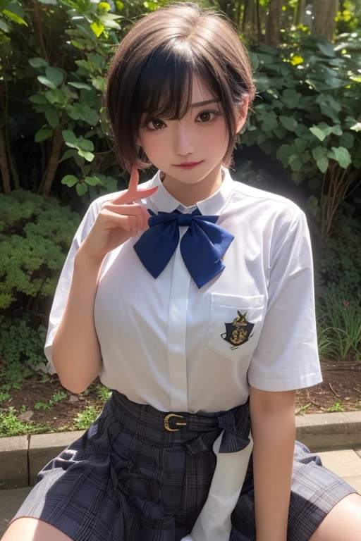 (masterpiece, Official Art), One Girl, Black Hair, blue eyes, hair ornaments, Hair Clip,  (school uniform), (See-through shirt), (tie), (skirt), (Wet), (Upper Body), (close), ((Exposing her huge breasts)),very good、sunlight,classroom、 View Audience, Grin, Charm, blush, Charm服, (close), (Place your hands behind your head), (whole body), Short Bob,nsfw
