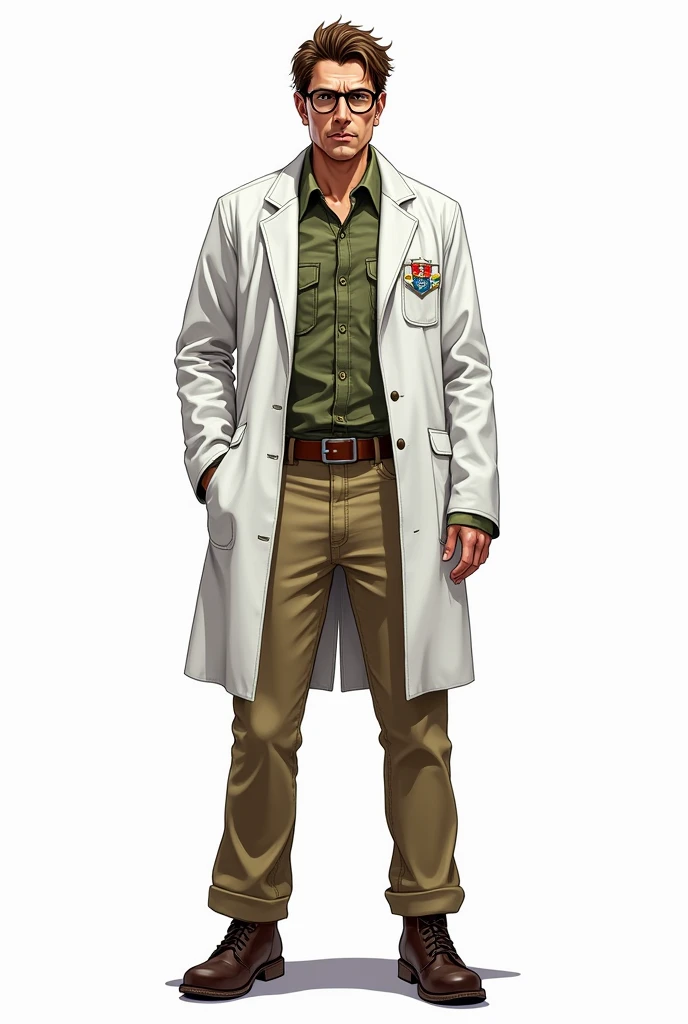 a drawing, bright coloured, A single man, 3, Cao Cao, 1,90 tall, Seriously, light brown american hair, Eyeglasses, army doctor clothes, big white coat, green camouflage shirt, Beige pants, shoes, apocalypse style, white background, fully body