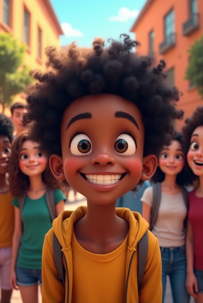 Create a black boy with curly hair, his age is 16, with a smile on his face whenever he is with his friends at school 