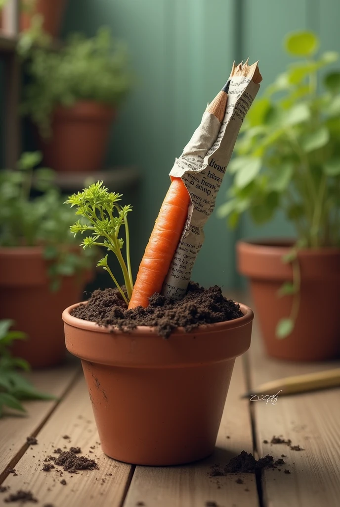 A pencil made of newspaper buried in a flowerpot and a carrot sprout comes out