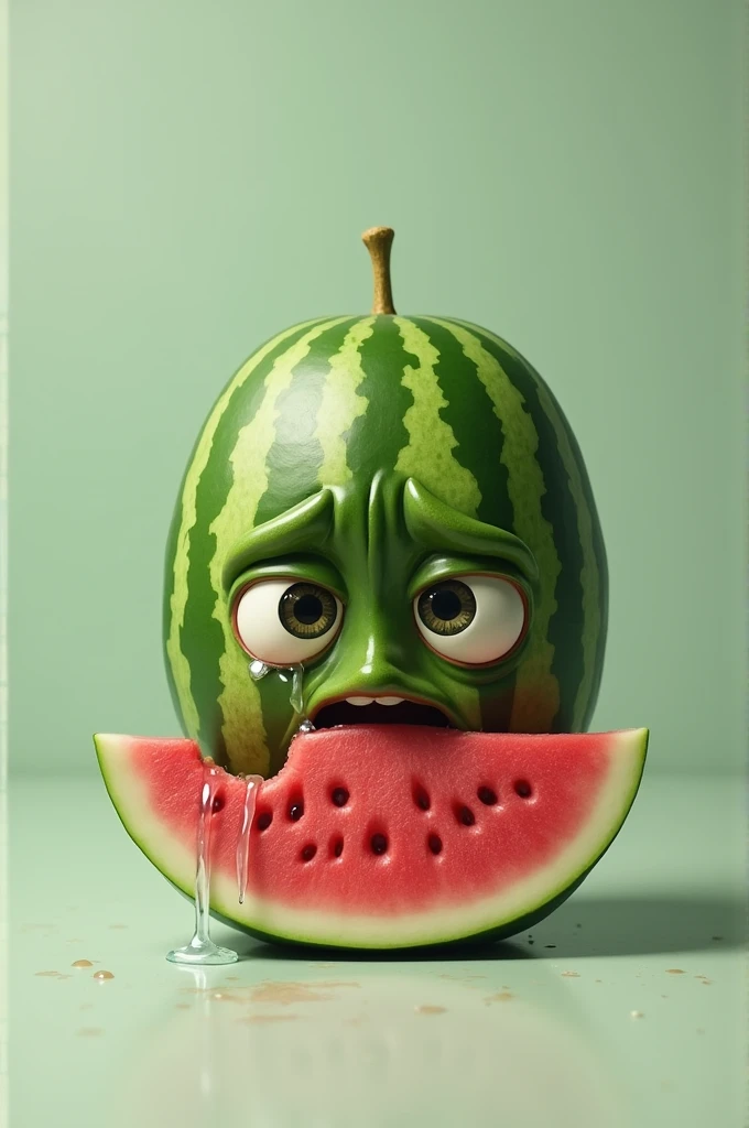 A watermelon crying because it was bitten 