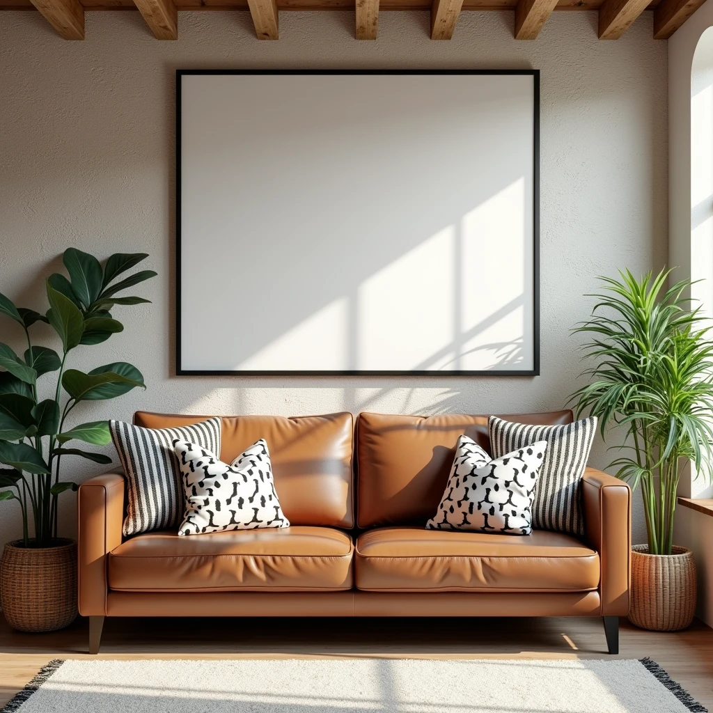 A cozy living room with rustic charm, featuring a stone-textured wall and exposed wooden beams. In the center, a brown leather sofa with black and white patterned pillows sits on a light-colored rug. Above the sofa, a large rectangular canvas with a blank white background is framed in black and hangs prominently on the wall. The room is filled with natural light from a nearby window with a view of green foliage outside. A woven basket with a potted plant is placed by the window, adding a touch of greenery to the space