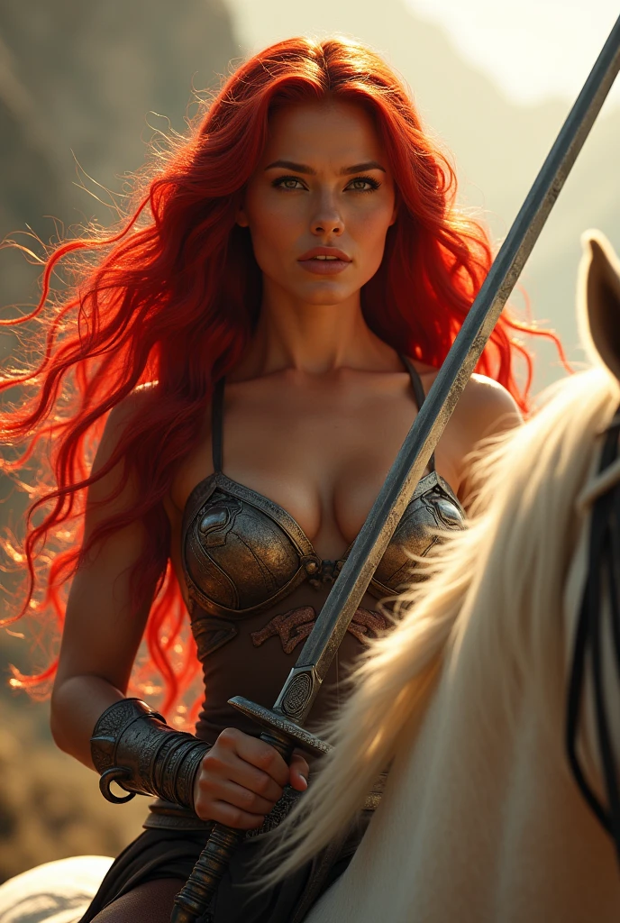 Red Sonja, beautiful woman with long red hair, detailed face, striking eyes, detailed lips, highly detailed, riding a white horse, holding a sword, fantasy, cinematic lighting, dramatic pose, warm colors, rich textures, vibrant digital art, photorealistic, 8k, hyperdetailed, masterpiece