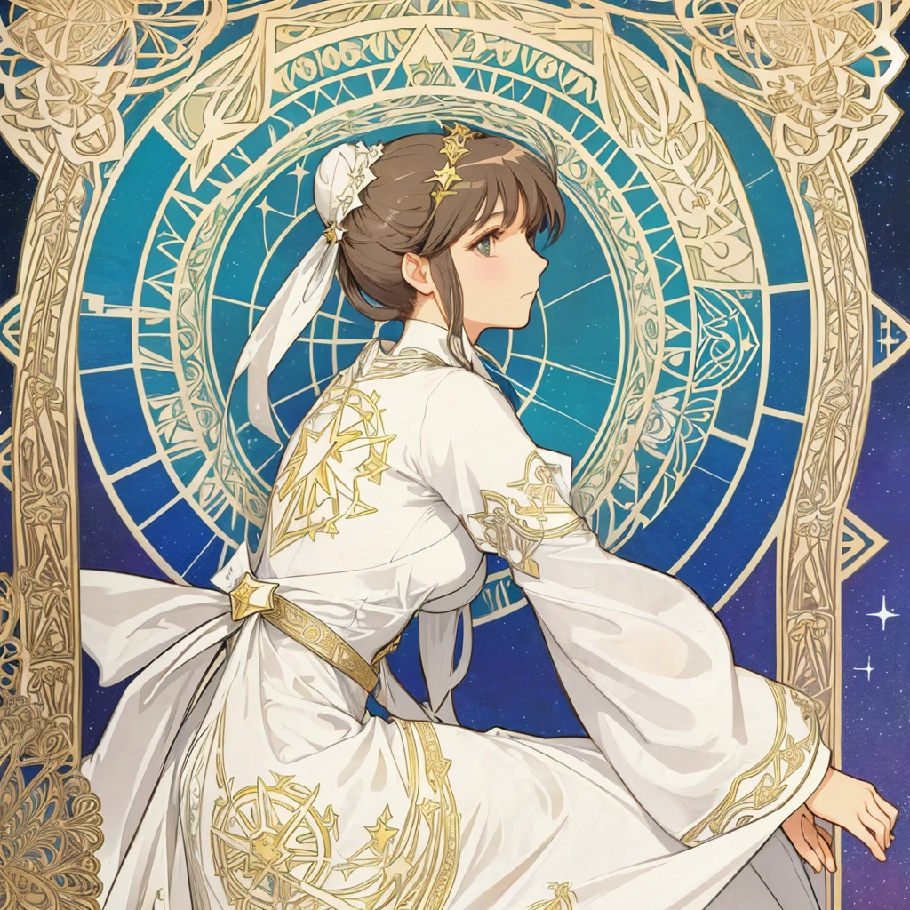 1 girl, (masterpiece, highest quality, highest quality, beautiful and aesthetic: 1.2), (1 girl: 1.3), lots jewelry, square picture frame, ((face)), cool face, color hairstyle, Ultra-detailed, Soft Light, Gentle colors, solo, dynamic, (((geometric star patterns in the background))), profile,低めのポニーテール, bun hair, Alphonse Mucha's ,Traditional white dress, delicate style clothing, close up, lotus