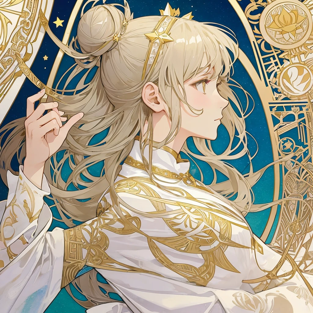 1 girl, (masterpiece, highest quality, highest quality, beautiful and aesthetic: 1.2), (1 girl: 1.3), lots jewelry, square picture frame, ((face)), cool face, color hairstyle, Ultra-detailed, Soft Light, Gentle colors, solo, dynamic, (((geometric star patterns in the background))), profile,低めのポニーテール, bun hair, Alphonse Mucha's ,Traditional white dress, delicate style clothing, close up, lotus