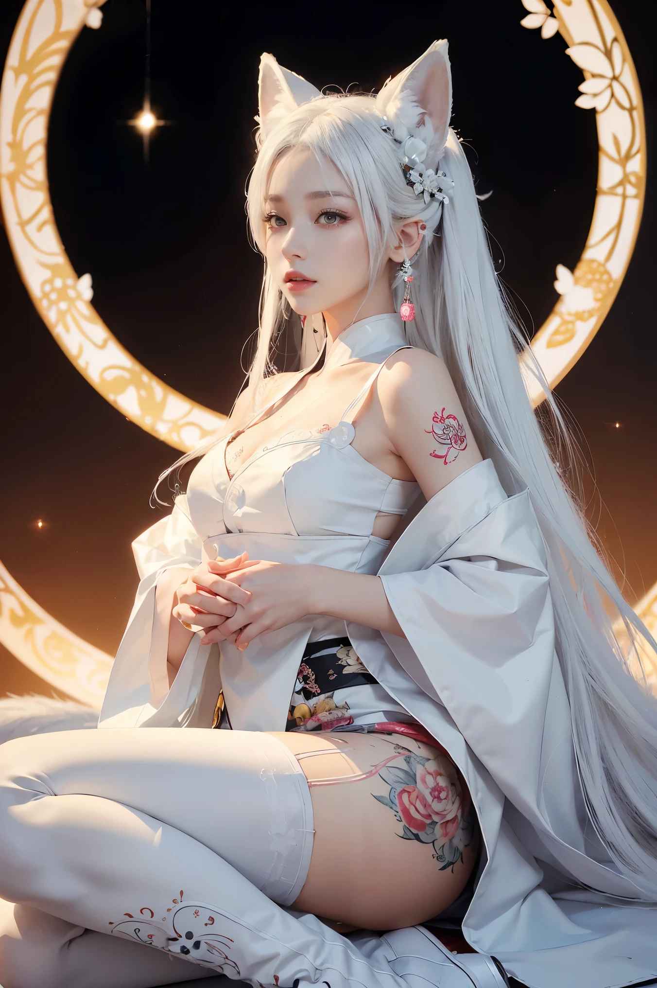 (Absurdly , high quality , Very detailed,Nine-tailed fox looking at photographer、9 tails)、(((White Hair、White fox ears)))、A gorgeous Japanese kimono in a variety of colors, beautifully detailed with intricate patterns and traditional designs.、((hair ornaments、Earrings、White Pantyhose、White high boots))、((Tattoo))、(masterpiece, 最high quality, 最high quality, Official Art, Beauty and aesthetics: 1.2), (One person: 1.3)、Sun Background