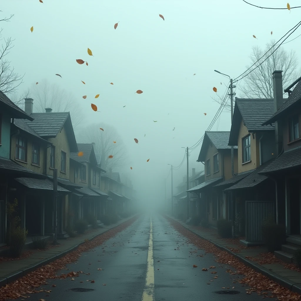 A panoramic view of a small and quiet town. Foggy environment, some old houses and empty streets, with falling leaves flying.

