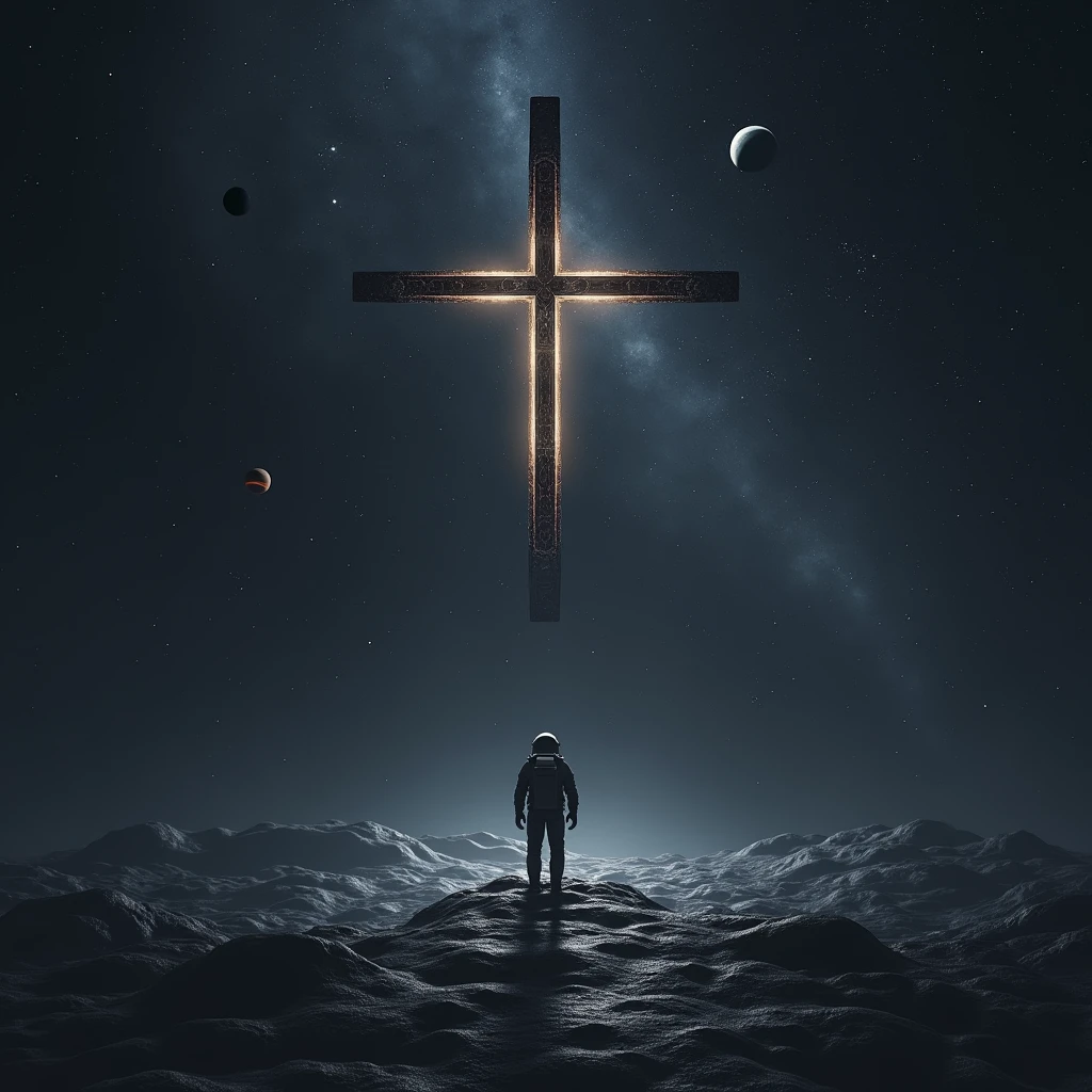 The Cross , in outer space , planets , Stars and an Austronaut