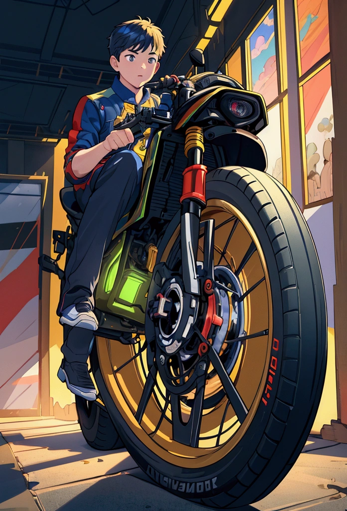 ((1boy)), super fine illustration, vibrant colors, absurdres extremely detailed CG, 8k wallpaper, (masterpiece:1.3), dynamic angle, dynamic pose, best quality, depth of field, cinematic lighting, ultra detailed, front-view, The president is rolling the tires, full body, center, looking at viewers,