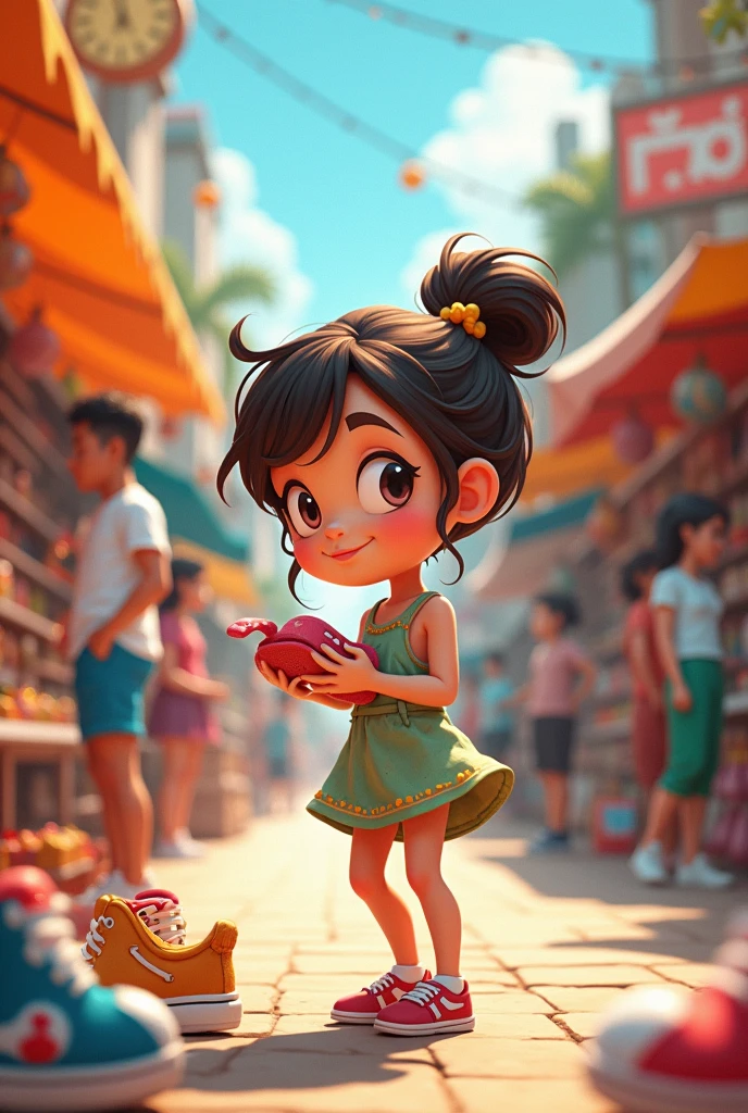 Girl buying shoes at the public market (cartoon)