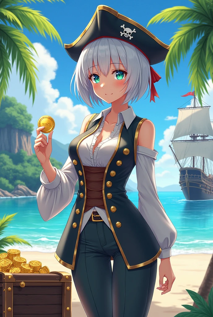 anime style, young adult woman, with blue right eye and green left eye, short white hair. Dressed as a pirate. He has a gold doubloon in his hand. It's on an island. There is a pirate treasure on the ground. in the background there is a pirate ship. during the day