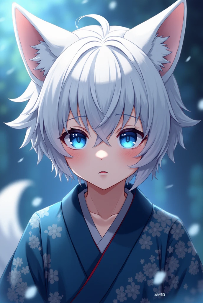 In anime style、Wearing a kimono。my hair is white、Blue eyes、1 person、Wolf personification、male、、short hair。male児、Sharp eyes