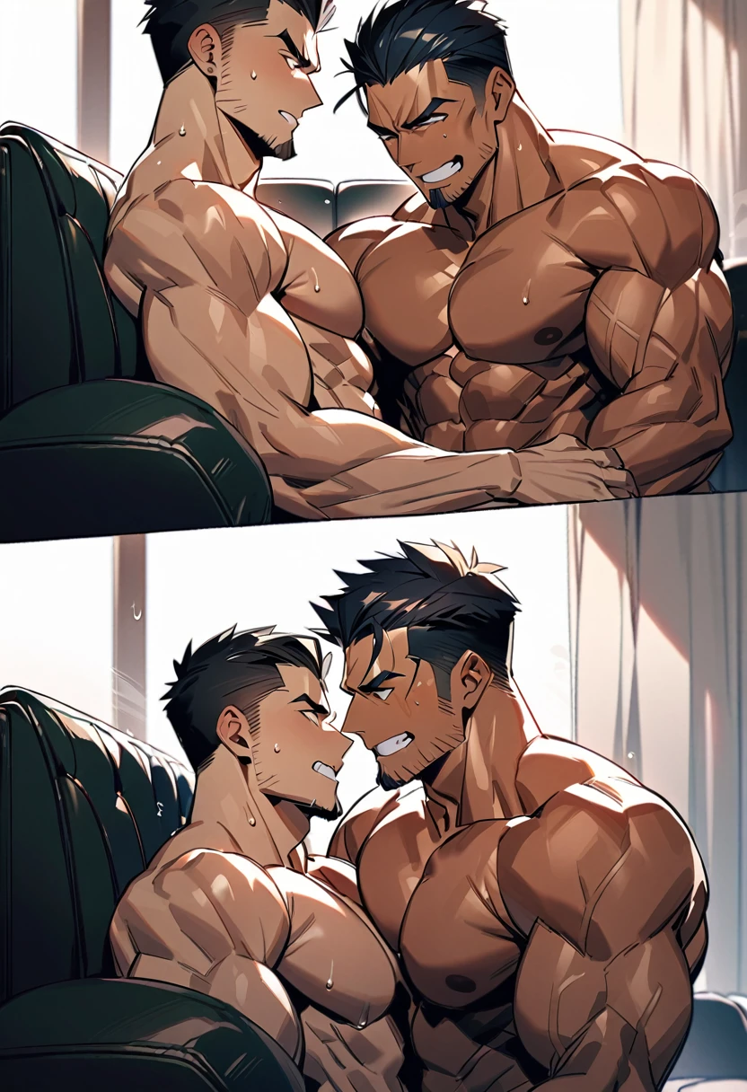 Two shirtless muscular men devour each other on the sofa at home、Gay、manly、Highest quality、sweating、Sports haircut、I&#39;m embarrassed