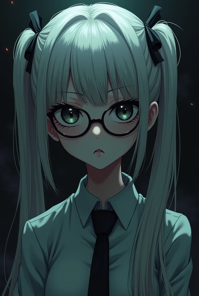 Evil woman, two pigtails with white bangs very white skin bow on head small black glasses anime style dress shirt