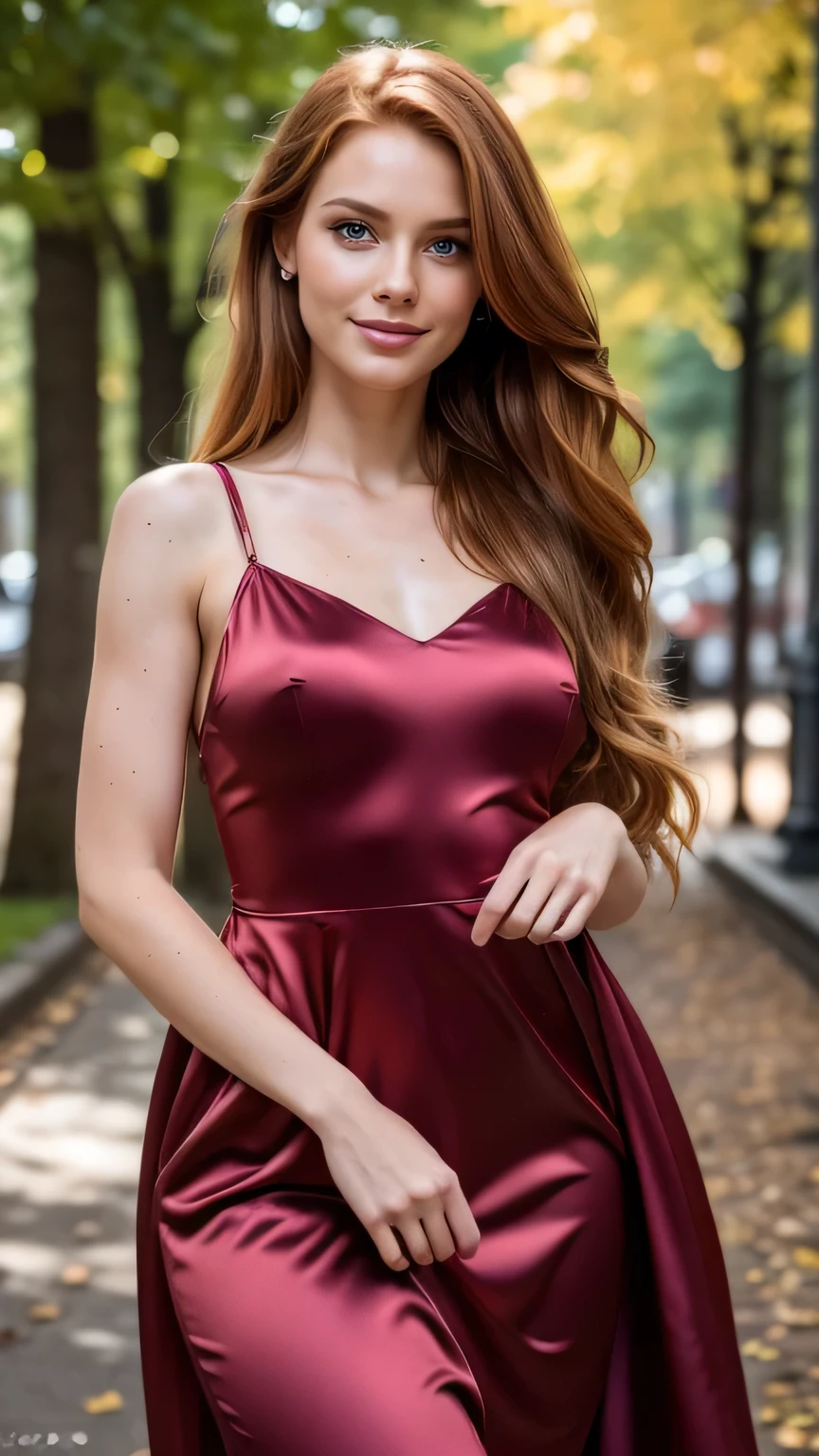 Realistic full body photo of a smiling Dutch redhead with long hair, who dances in front of the camera and wears a satin dress, park glamour fotoshooting, perfect anatomy, perfect eyes. Perfect hands with 5 fingers on each hand. Matching girl, looking at the camera, strong hip:1.2, wide hips:1.3, 1 woman. (Eye make up:1.1), (highly detailed skin:1.1), SPIRIT, analog style, keen focus, 8K UHD, dslr, good quality, Fujifilm XT3, Grain, Award-winning, masterpiece.