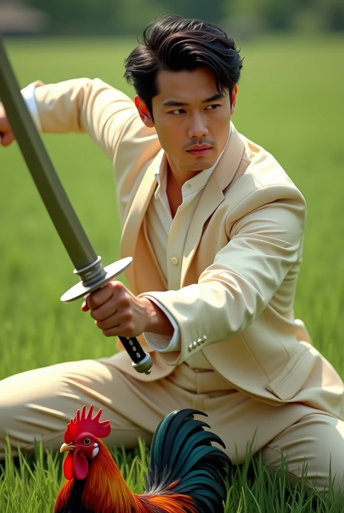 a dashing Indonesian youth, middle parted black hair, with a cream satin suit wielding a sharp, gleaming sword, bright green grass background with peacock feathered bantam chicken