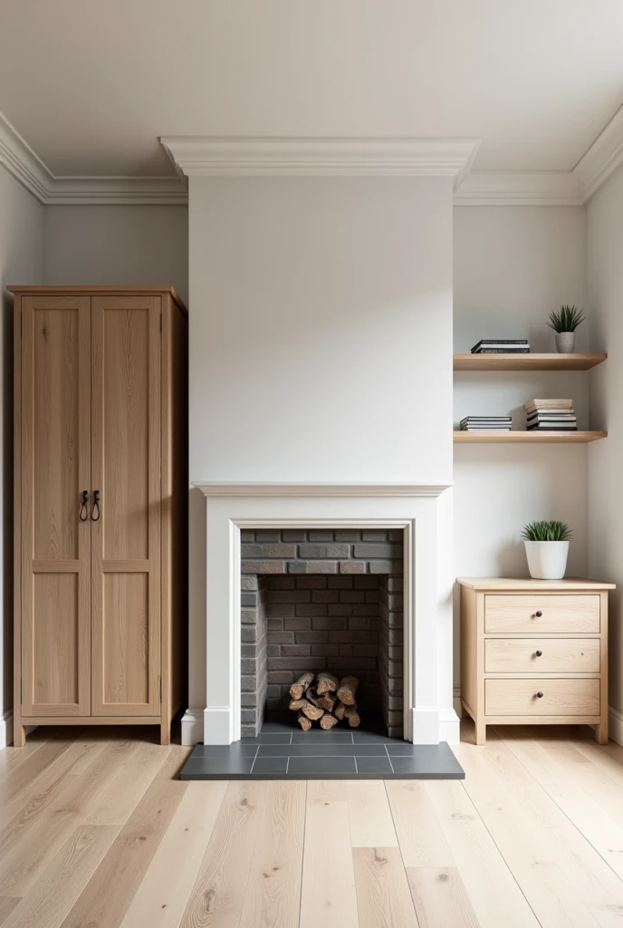 Create furniture for living room which includes wardrobe and cupboard. The colours are white and wood colour that looks like wood. The TV is already there on the mantlepiece in the center of the wall. So on the both sides design furniture.The mantlepiece is higher, the height is the same with about a person's waist height. So furniture shoulde be suitable for the living room.The mantlepiece colour is the combination of dark brown and grey. It is made of bricks. The colour of the furniture should suit