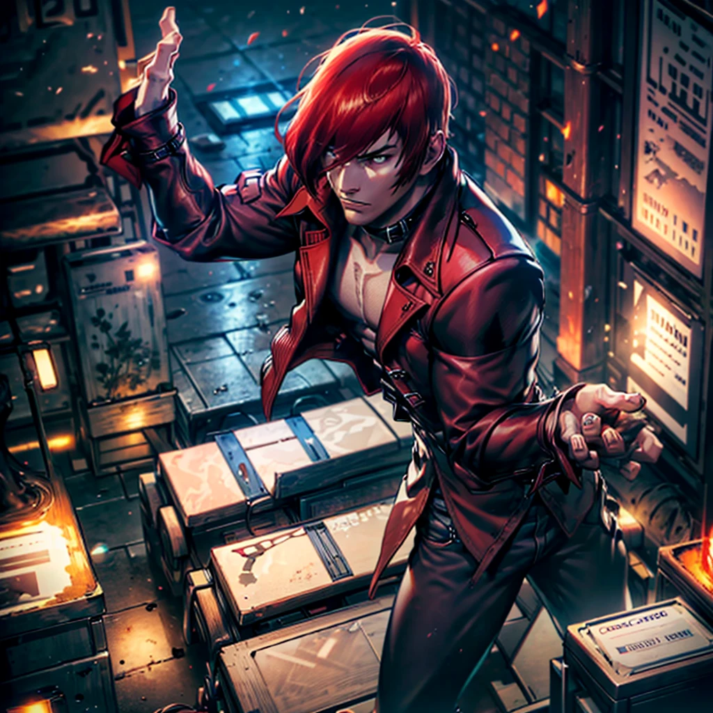 30-year-old man, alone, alone, athletic, muscular, serious look looking at the viewer, redhead, wears a trench coat, black shirt, wine-colored pants, video game character, The King of Fighters, Iori Yagami, blue fire, cinematic, ultra-sharp focus , award-winning photography, perfect contrast, High sharpness, depth of field, ultra-detailed photography, global illumination, fluid, ultra-high definition, 8k, Unreal Engine 5, ultra-sharp focus, award-winning photography, art station trends