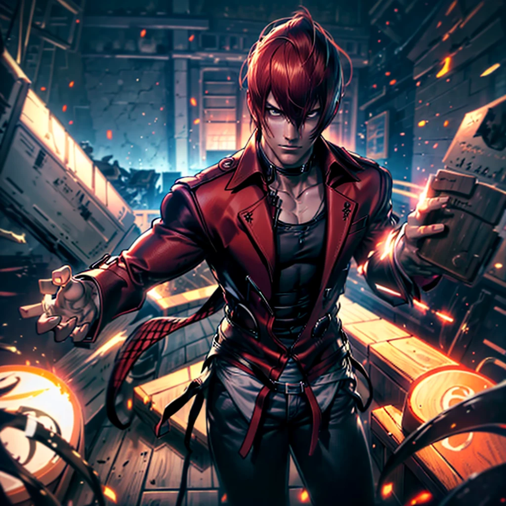 30-year-old man, alone, alone, athletic, muscular, serious look looking at the viewer, redhead, wears a trench coat, black shirt, wine-colored pants, video game character, The King of Fighters, Iori Yagami, blue fire, cinematic, ultra-sharp focus , award-winning photography, perfect contrast, High sharpness, depth of field, ultra-detailed photography, global illumination, fluid, ultra-high definition, 8k, Unreal Engine 5, ultra-sharp focus, award-winning photography, art station trends