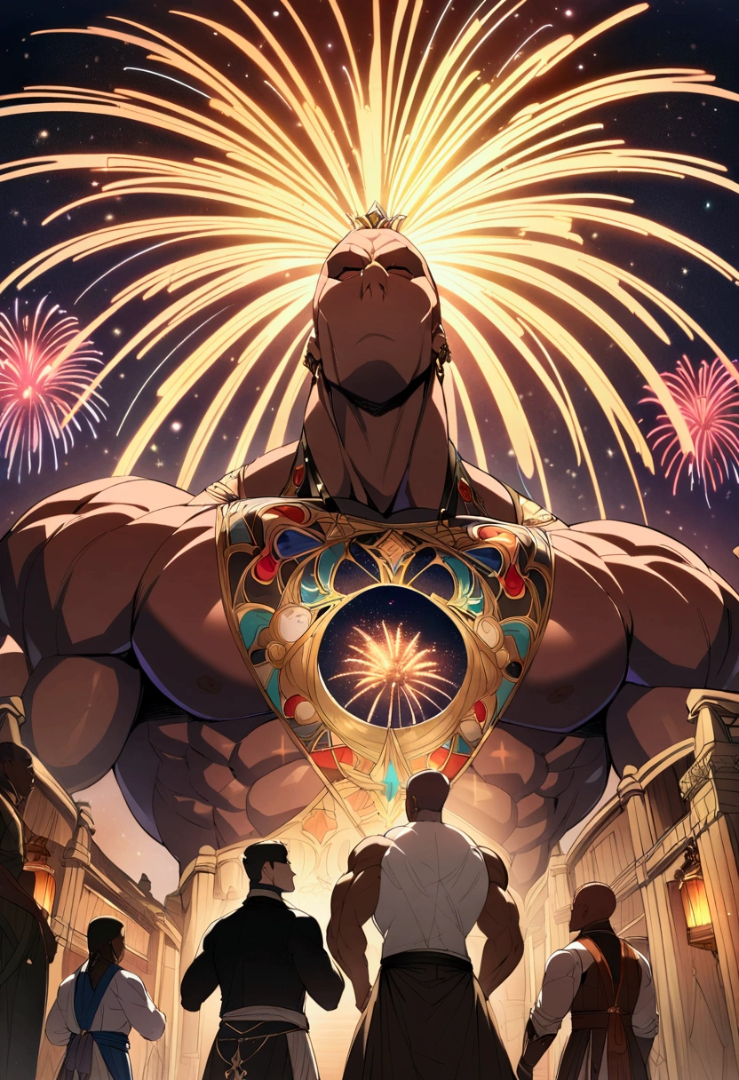 Highest quality、Four muscular men with short hair devour each other in the inn's great hall、firework、Brown Skin