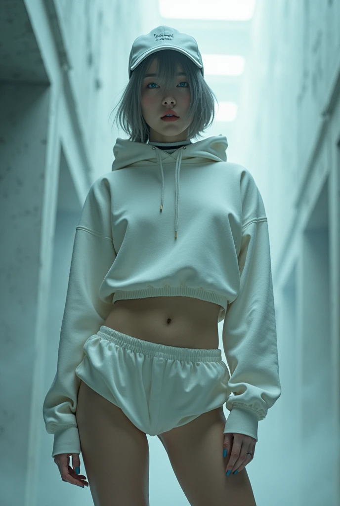 nsfw, masterpiece, Best Quality, hyper Realistic, A mysterious and sophisticated beautiful young gravure Japanese woman with blue eyes wears futuristic and sexy fashion art. standing focus ass,, from below, Detailed clothing butt, woman is climbing at a wide angle, with her full body in frame. large Butt, sexy large breasts, slim waist, Cyber punk fashion, Her outfit includes white nylon hoodie baggy sweat, nothing shorts, striped Knee-high socks, zettai ryouiki, adding a minimalist beauty. She accessorizes with futuristic accessories and technical sneakers. Deeply covered white baseball cap, Her demeanor exudes harmony and striking simplicity, accentuating her curves and digging sensuously into her skin, hyper small head and face, wide and big Duck mouth, half open mouth, perfectly aligned teeth, perfect beautiful wide teeth, Detailed eyes, light blue eyes, half open eyes, shiny Droopy eyes, gray hair, looking other, She is situated within the interior of a futuristic colony, with mist drifting and steam rising from concrete