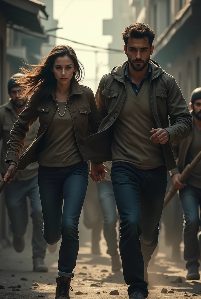 An 20 year-old girl and a 30-year-old boy and runs, followed by some peoples with sticks.